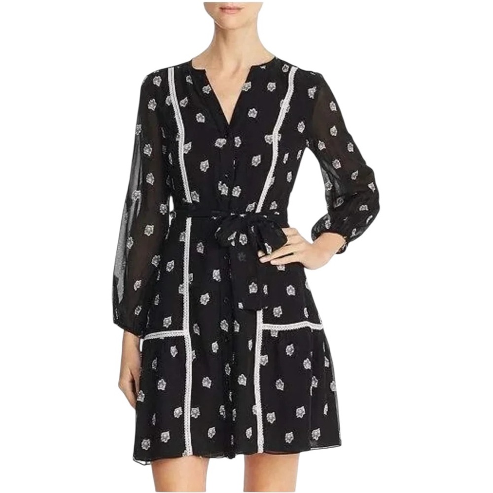Shoshanna Veze Black White 3D Embroidered Floral  Lace Tie Waist Mini Dress - 2